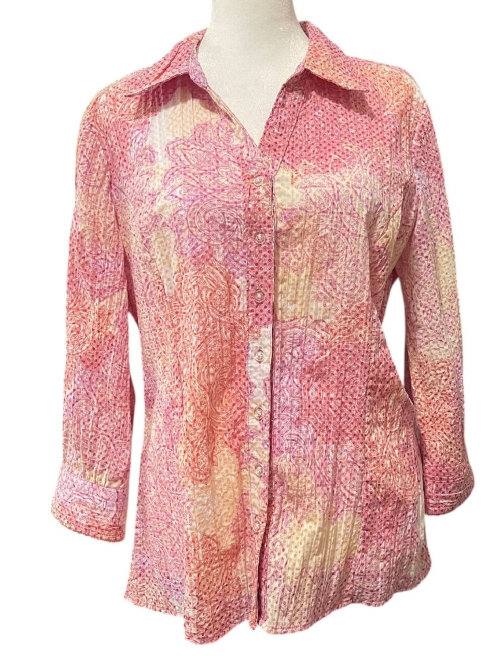 White Red Yellow Pink 3/4 Sleeve Crinkle Texture Cotton Button Collar Blouse EUC